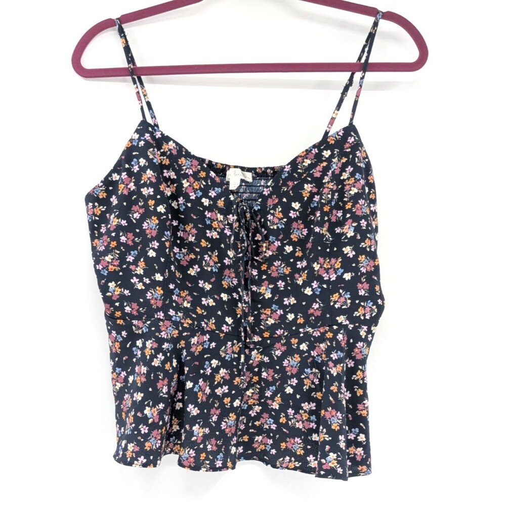 Nine Britton Navy Floral Ruffle Crop Tie Top Whimsy goth Tank Top Blouse Size L